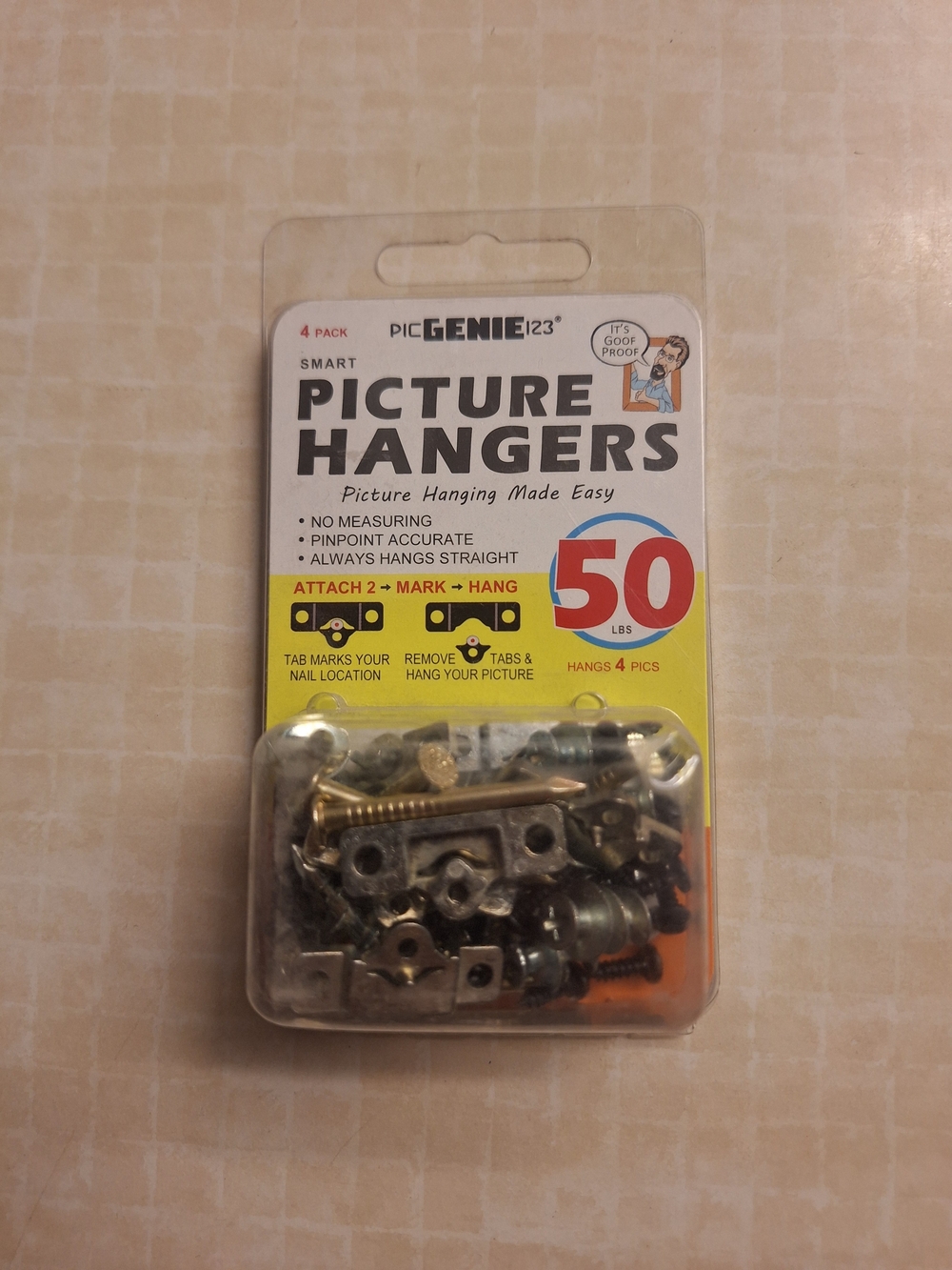 PicGenie Smart Picture Hangers 50 lb - Brass & Silver Hardware
